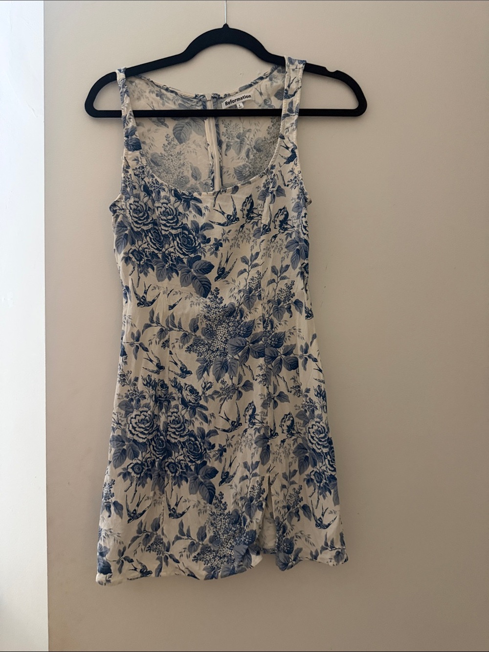 Reformation White Mini Dress with Blue Floral Print